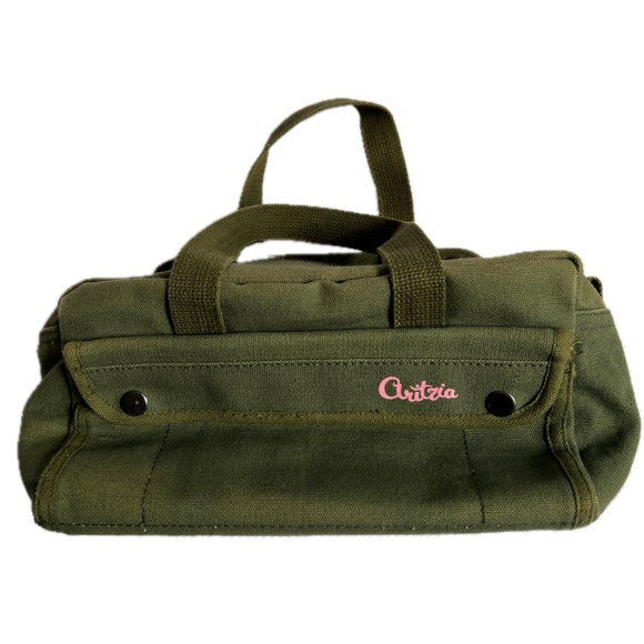 Aritzia Duffle Tote Bag Small Army Green Cotton Canvas Front & Back Pockets - Picture 2 of 8